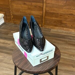 Ros Hommerson Brown Croc-Embossed Pointed Toe Pumps